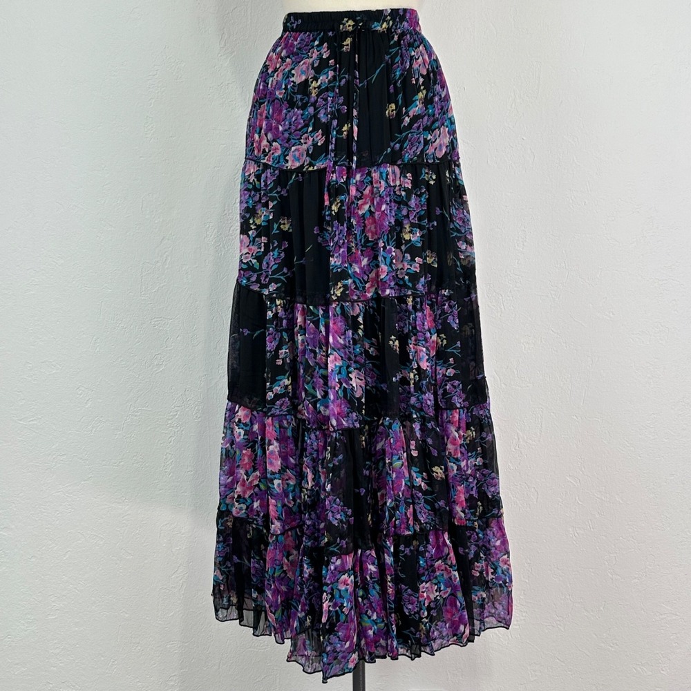 Whimsigoth Boho Fairy Maxi Skirt Size Small Black Purple Floral Tiered Ruffle